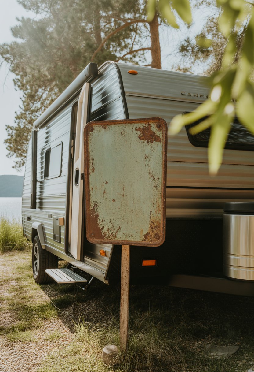 A modern camper parked outdoors near trees with an old weathered tin sign attached to it.