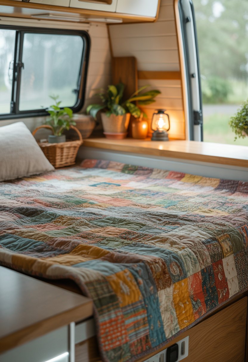 A bed inside a camper covered with a colorful patchwork quilt, surrounded by wooden accents and soft natural light.
