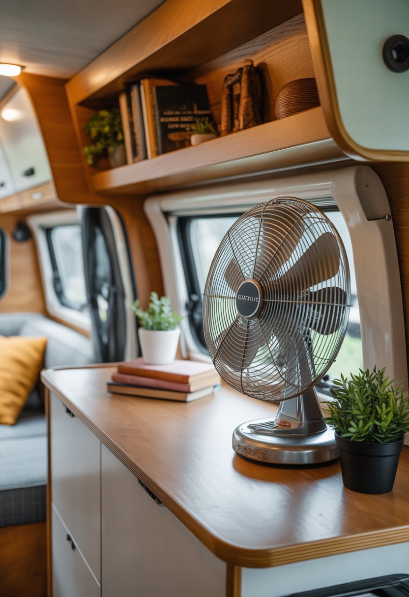 A wooden shelf inside a camper with a vintage metal fan and small decorative items placed on it.