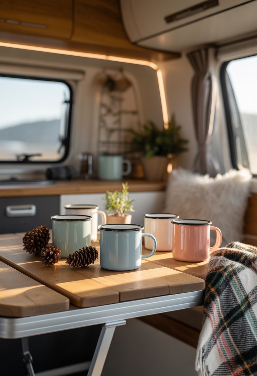 A cozy camper interior with vintage camping mugs on a wooden table surrounded by natural elements and soft light.
