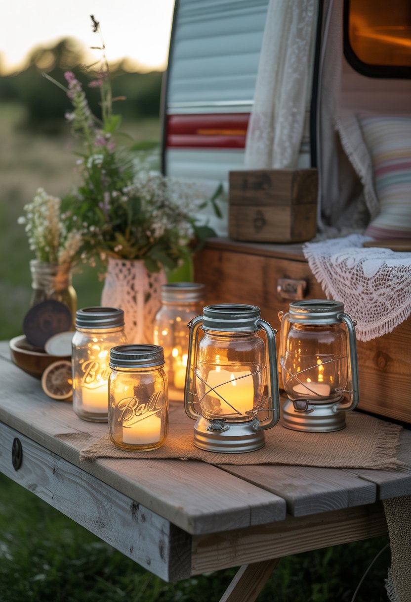 A group of glowing mason jar lanterns arranged on a wooden table outdoors with rustic decor and greenery around them.
