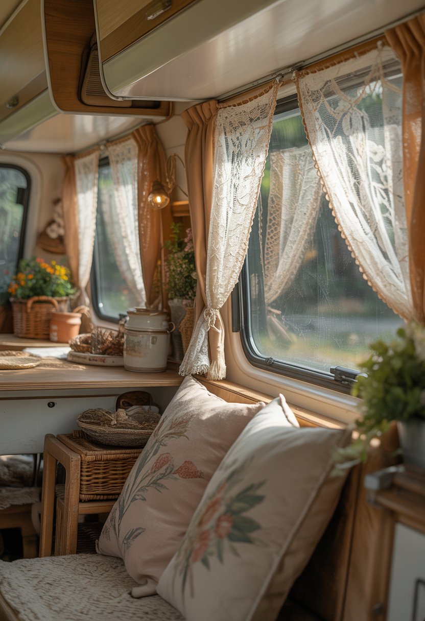 Interior of a camper with lace curtains on the windows, wooden furniture, cushions, and plants creating a cozy atmosphere.