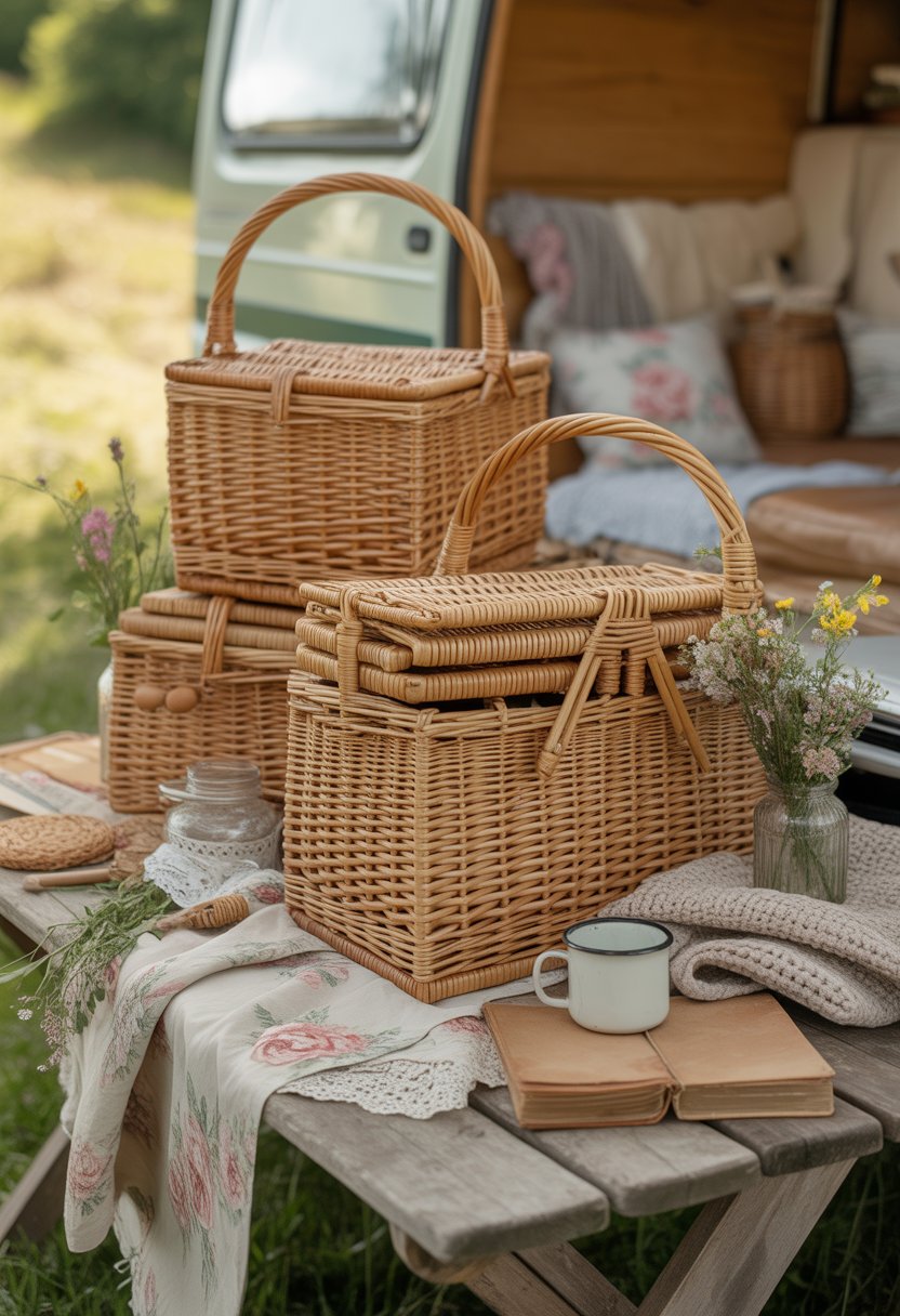 Woven rattan picnic baskets arranged on a wooden table outdoors with vintage fabrics, wildflowers, a knitted blanket, and camping items in a natural setting.