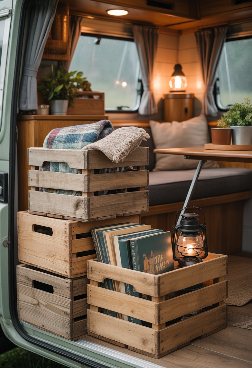 Stacked wooden crates used for storage inside a camper, filled with blankets, books, and lanterns, with warm lighting and plants nearby.