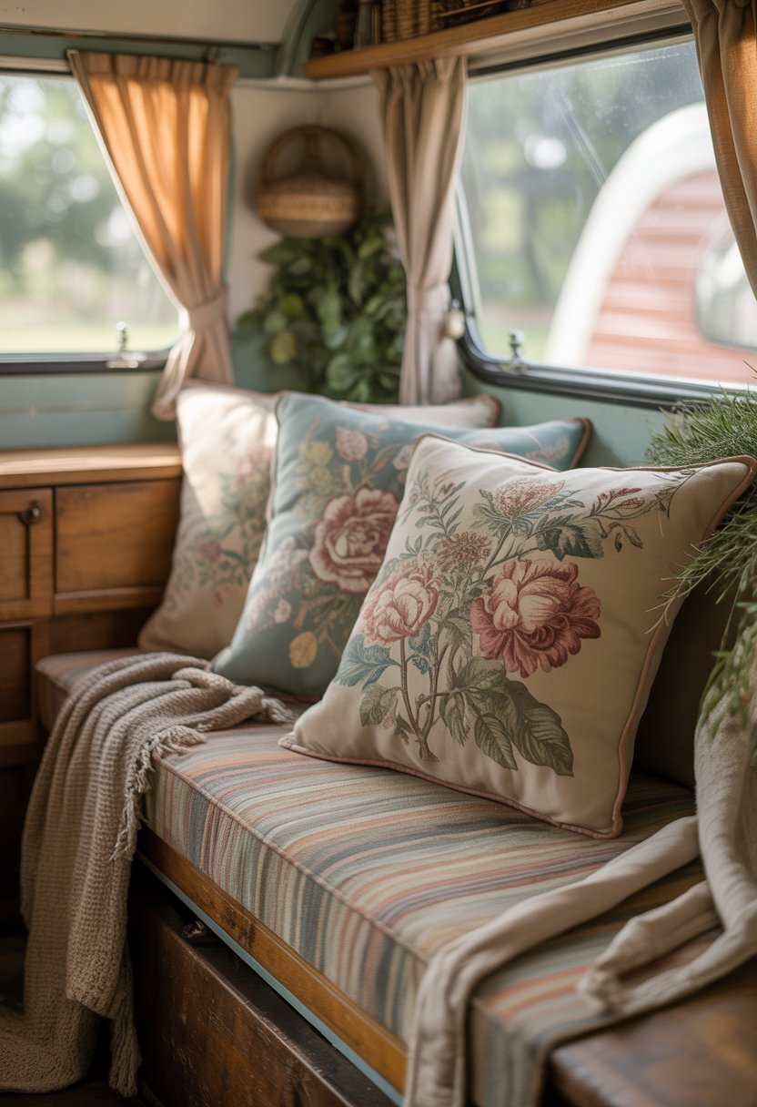 A cozy camper interior with floral throw pillows on a wooden bench, soft natural light, and rustic decor elements.