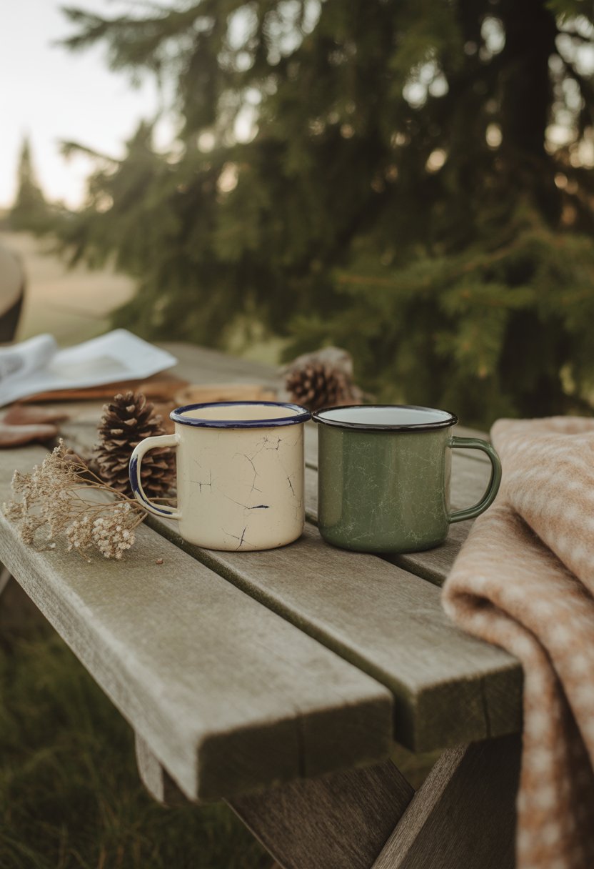 Two rustic enamel camping mugs on a wooden table outdoors surrounded by pinecones, dried flowers, and a wool blanket with trees in the background.