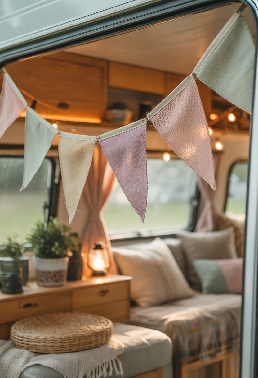Close-up of pastel-colored burlap bunting hanging inside a cozy camper with wooden surfaces and soft natural light.