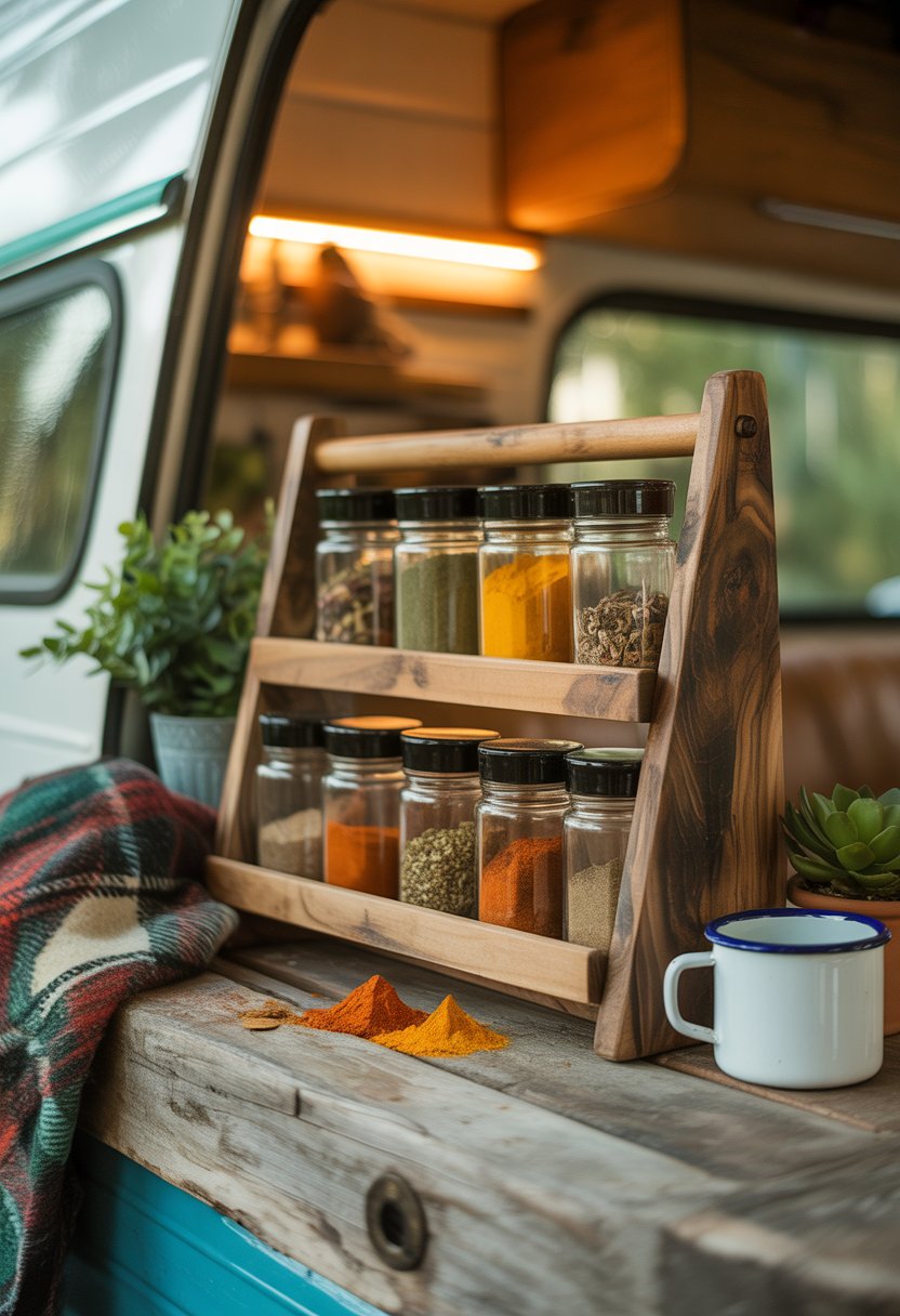 A handcrafted wooden spice rack filled with glass spice jars on a weathered wooden surface, surrounded by a plaid blanket, enamel mugs, and a small potted plant.