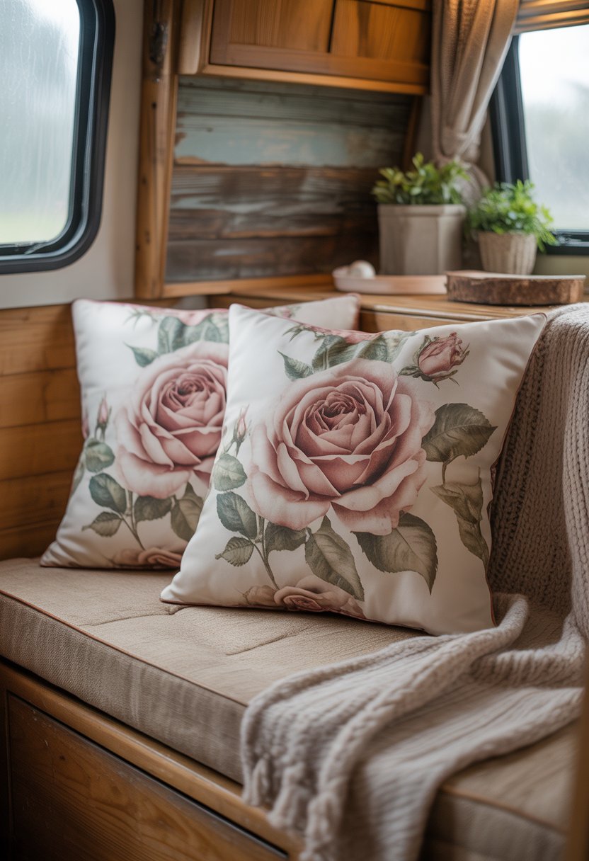 Cushions with faded rose patterns arranged on a wooden bench inside a camper with soft natural light and small plants nearby.