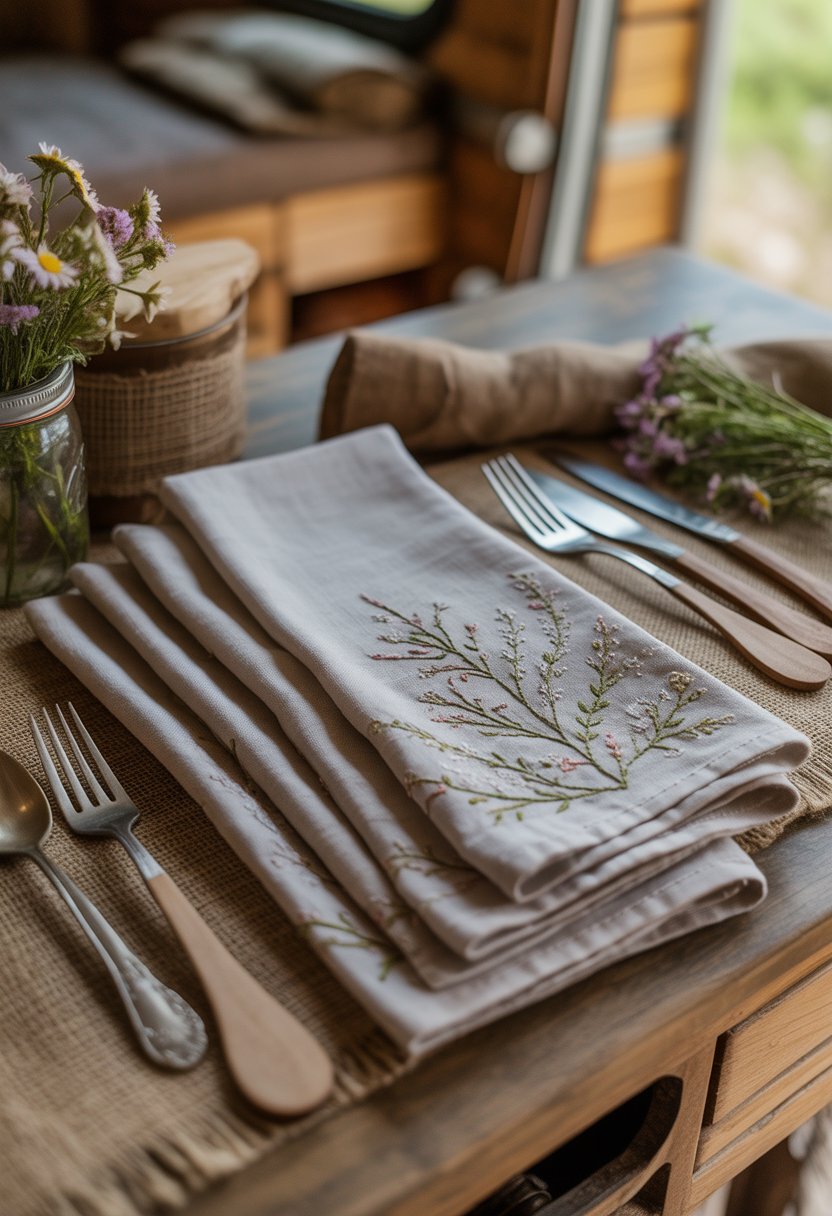 Embroidered linen napkins arranged on a rustic wooden table with wildflowers and wooden utensils nearby.