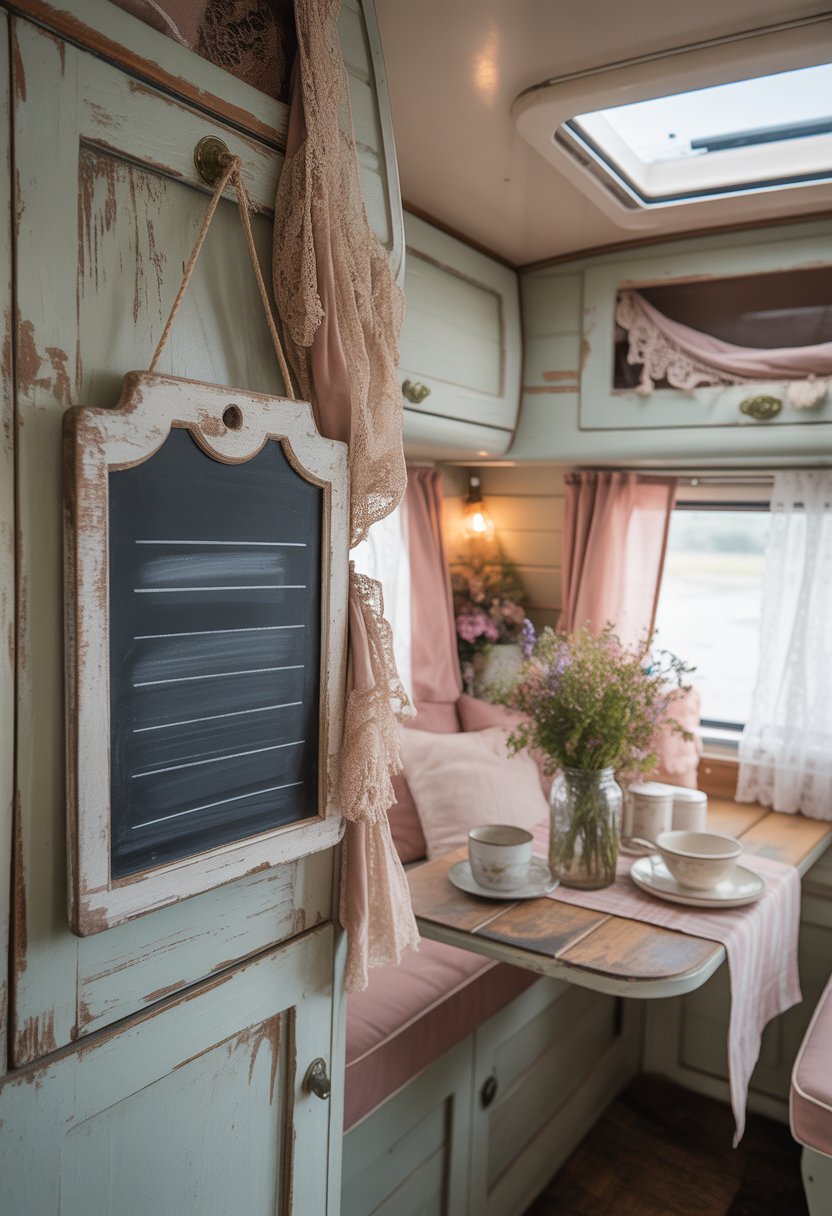 Cozy camper interior with wooden surfaces, floral accents, lace curtains, and a vintage chalkboard label on a cabinet door.
