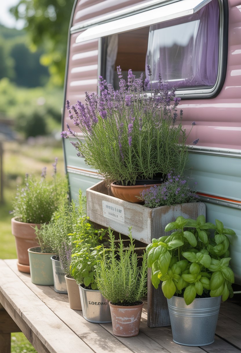 Outdoor garden scene with lavender plants and various herbs in pots around a rustic camper.