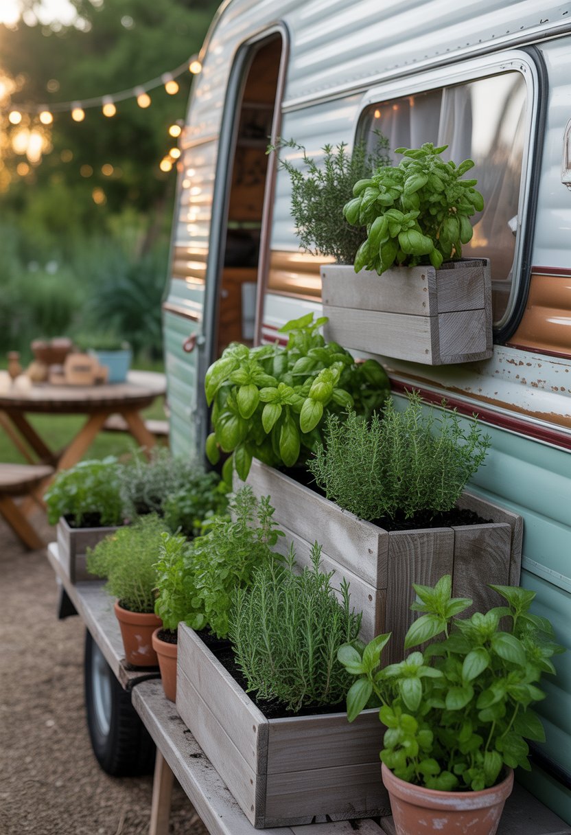 A rustic camper surrounded by wooden planter boxes filled with thriving green herbs including thyme, set outdoors with gardening tools and soft sunlight.