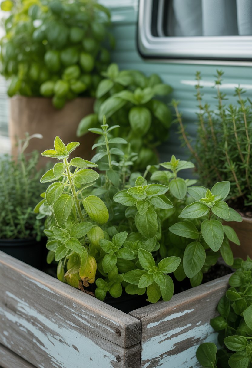 Close-up of healthy oregano plants growing in a rustic wooden planter surrounded by other herbs in a small outdoor garden.