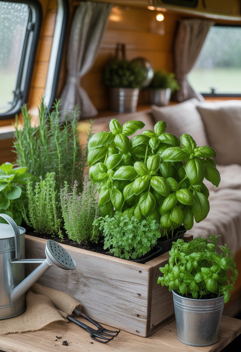 A rustic camper herb garden with healthy basil and other herbs growing in wooden planter boxes inside a cozy camper.