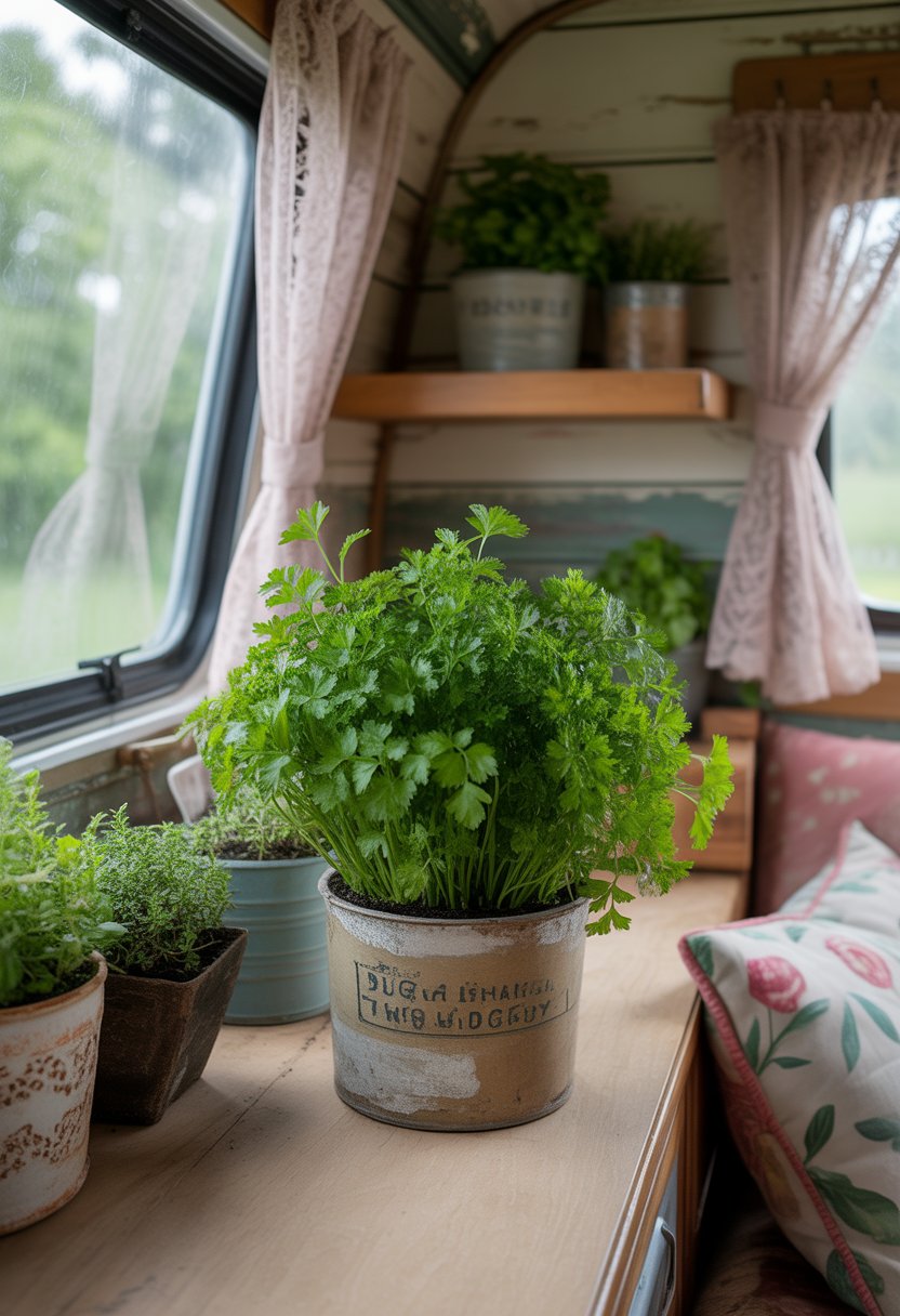 A vibrant parsley plant growing in a small pot inside a camper with other herb plants and natural light coming through the window.