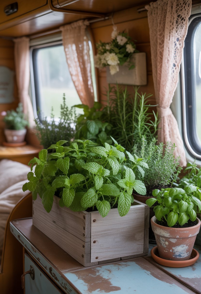 A small herb garden with lemon balm and other herbs inside a camper with wooden surfaces and soft natural light.