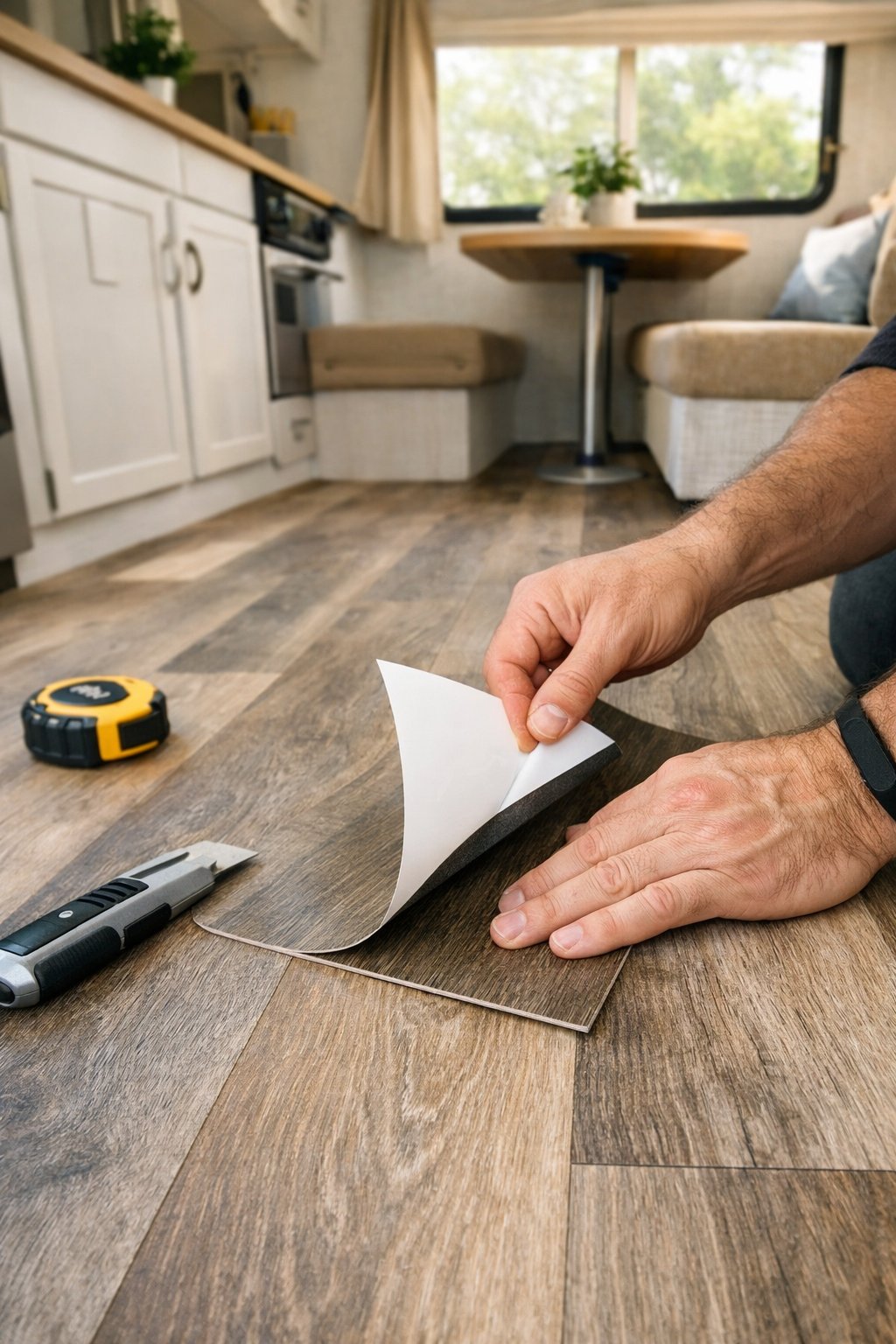 Person installing peel-and-stick vinyl flooring inside an RV with cabinets and a table visible.