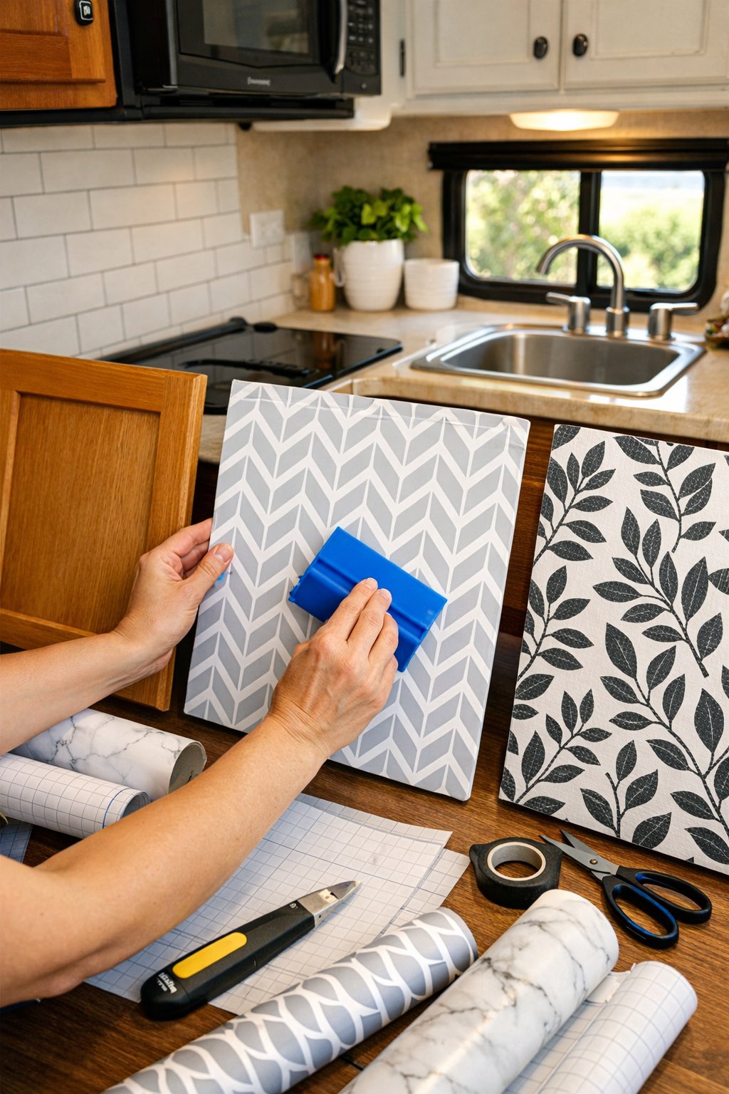 Person applying contact paper to cabinets inside an RV kitchen to refresh their appearance.