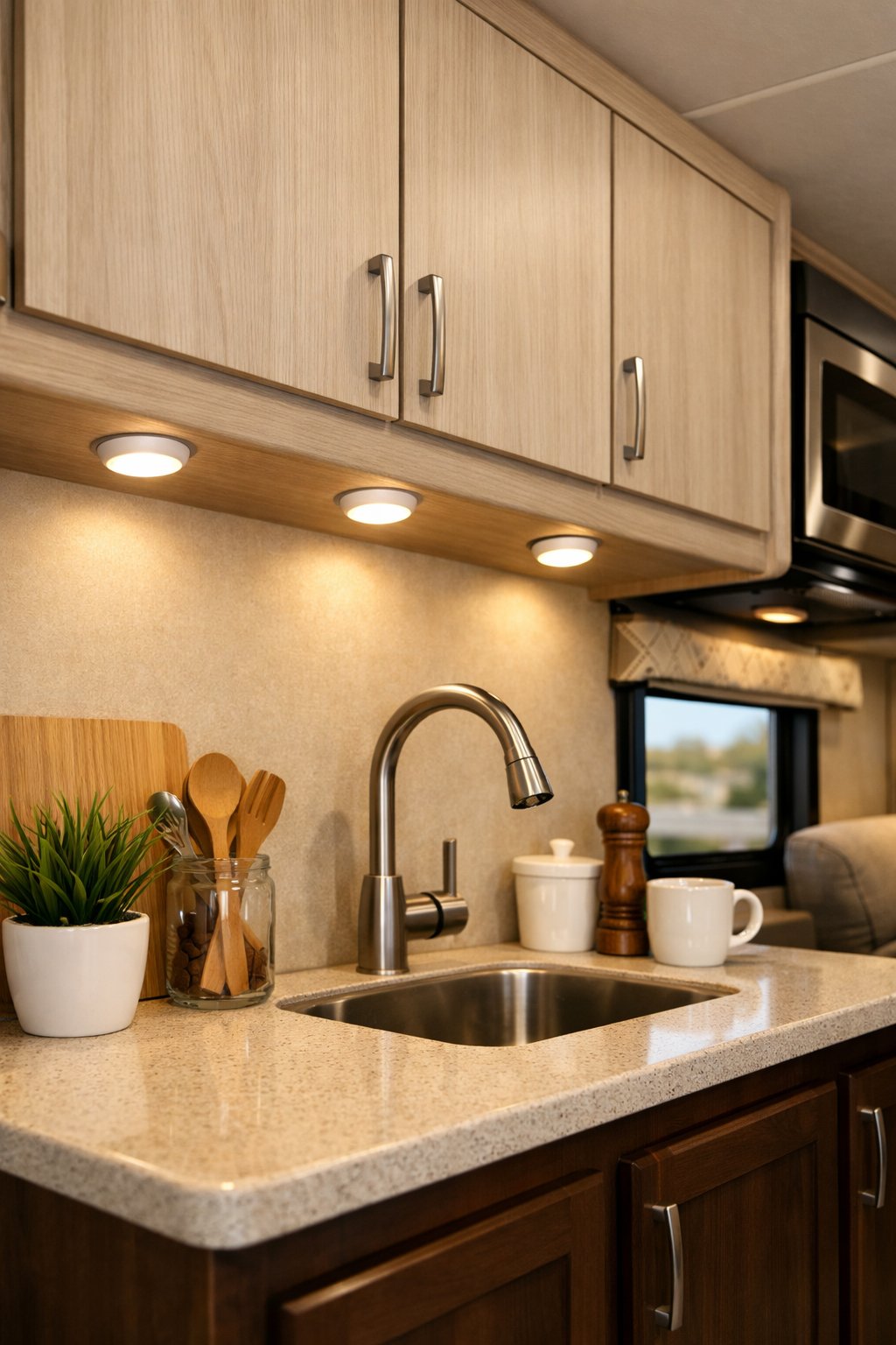 Interior of an RV kitchen with battery-operated LED puck lights installed under cabinets, illuminating the countertop.