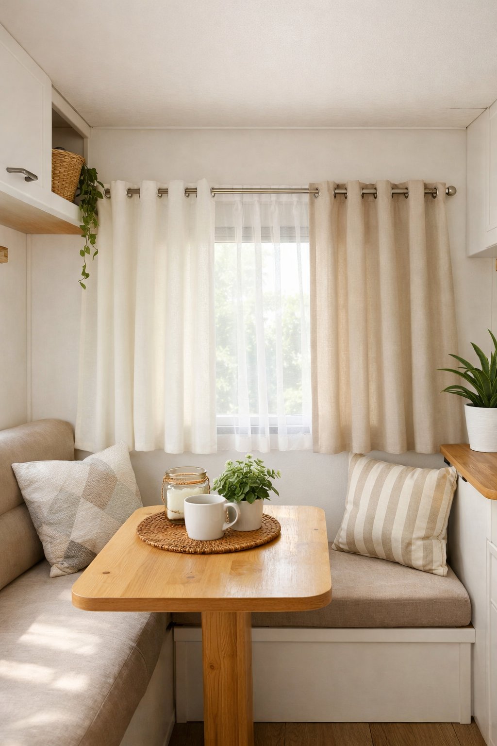 Interior of an RV with new cotton curtain panels hanging on a window, sunlight coming through, and a small table with plants nearby.