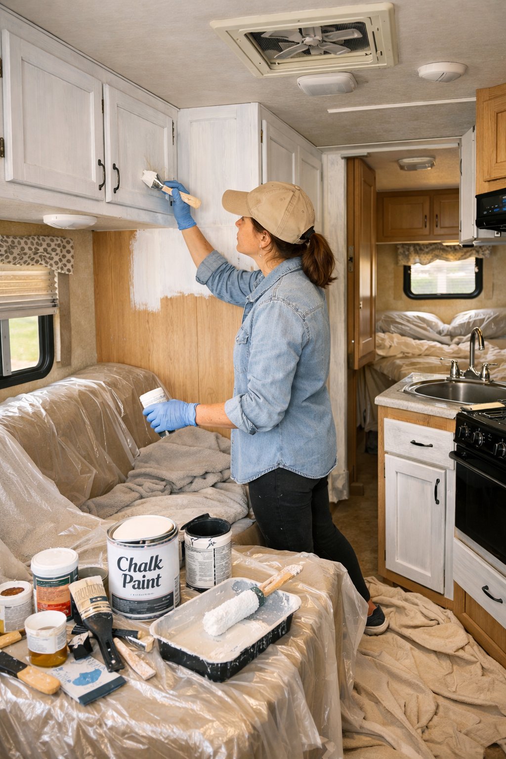 Person painting the interior cabinets of an RV with white paint during a DIY makeover.