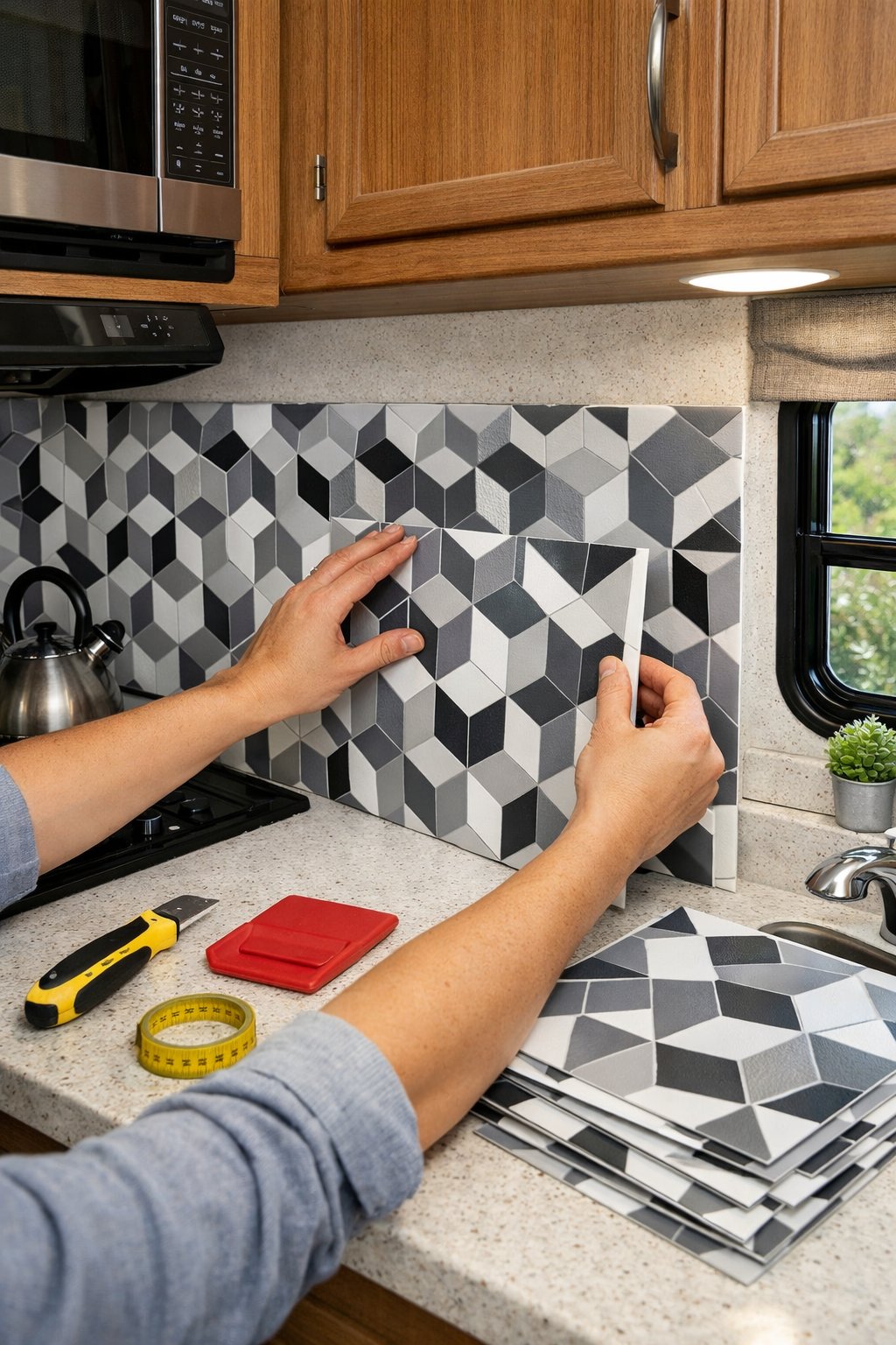 Person installing peel-and-stick backsplash tiles in a small RV kitchen.