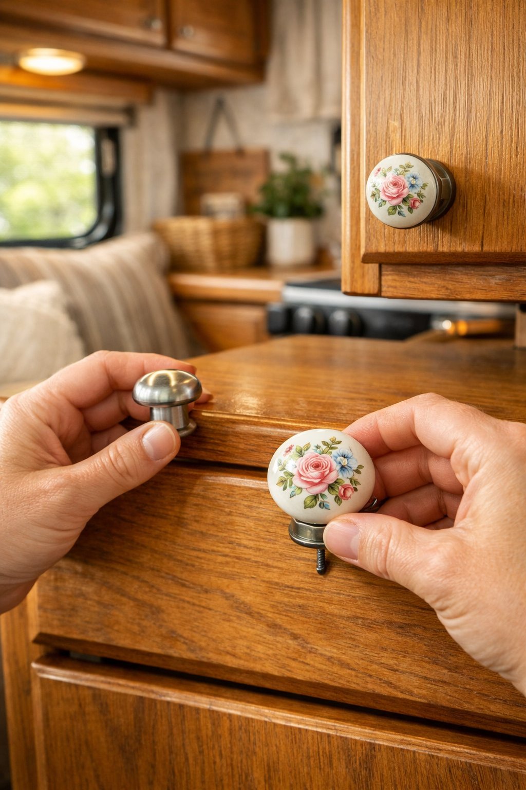 Hands replacing drawer knobs with vintage ceramic ones on a wooden cabinet inside an RV.