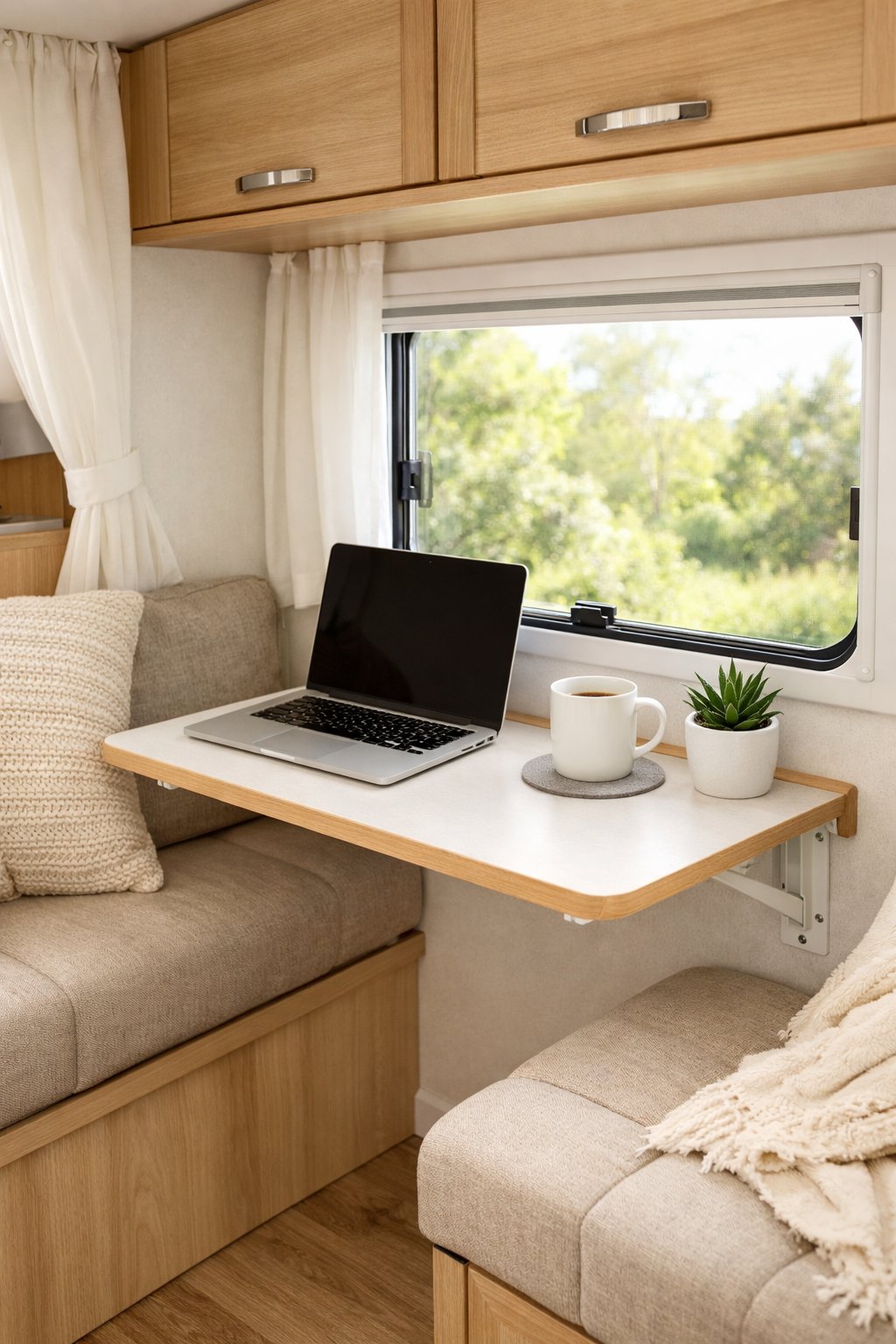 Interior of an RV with a compact fold-down table set up next to a window, featuring a laptop, coffee cup, and plant on the table.