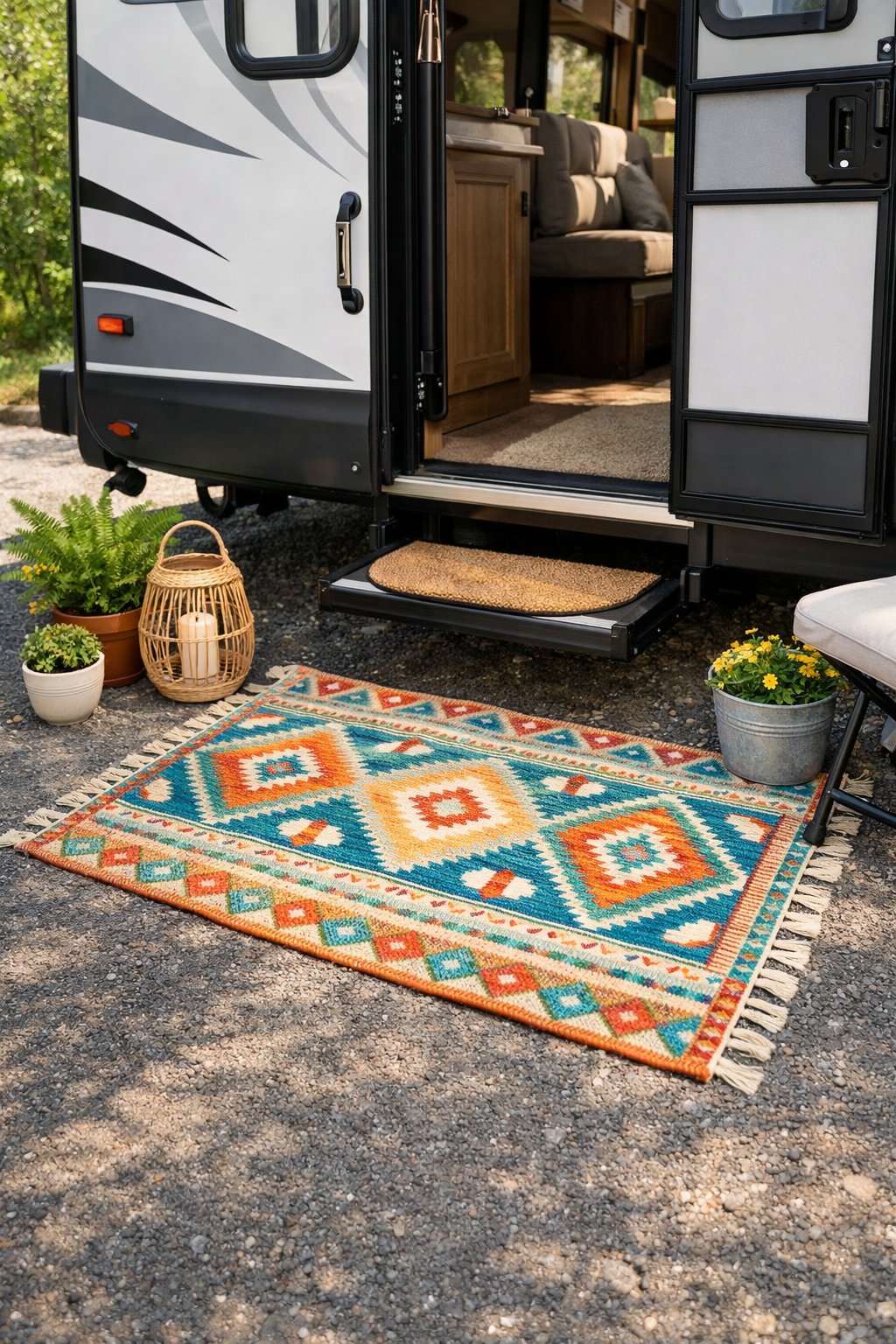 An RV entryway with an outdoor rug placed outside the open door, surrounded by greenery.