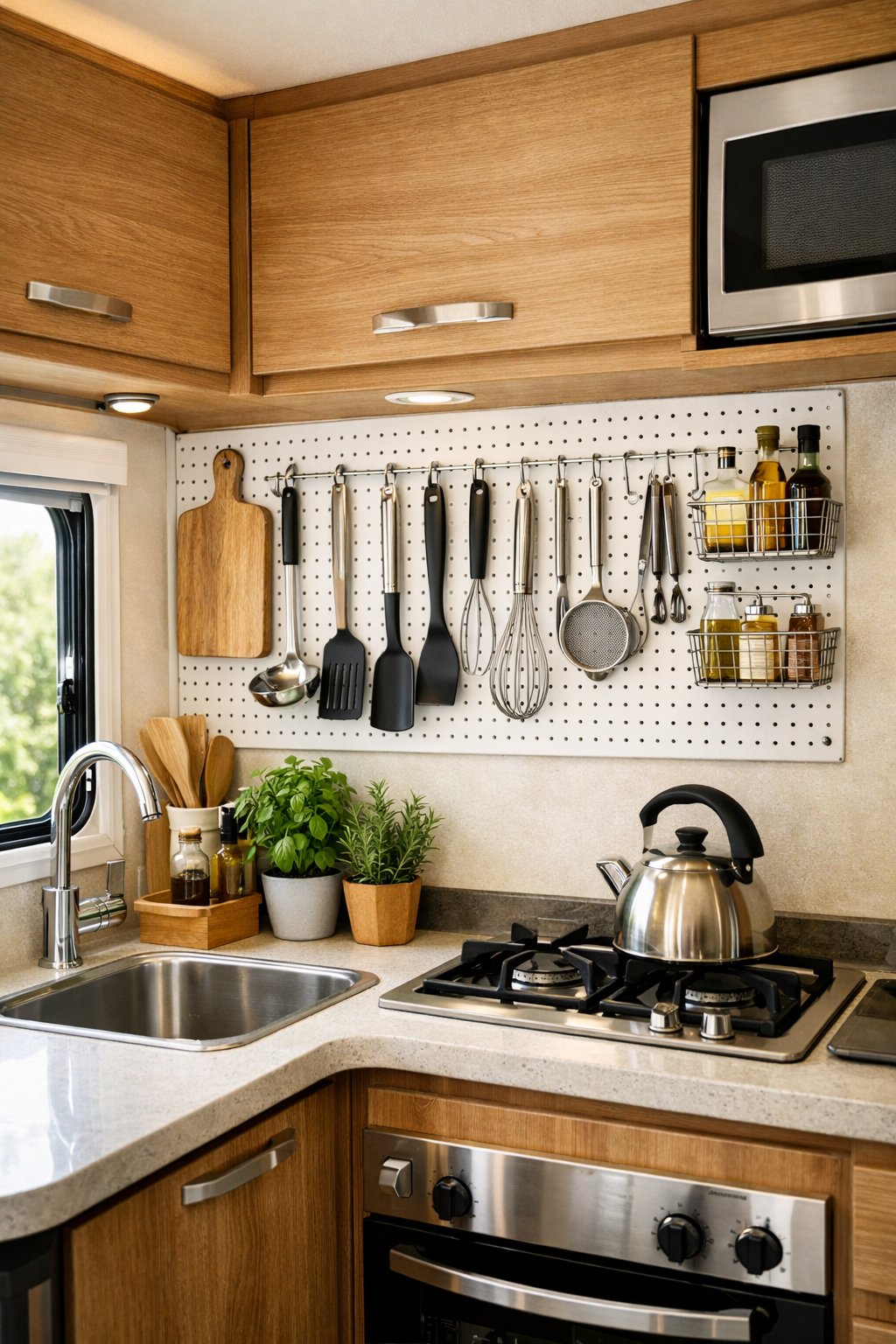 Interior of an RV kitchen with a pegboard wall holding kitchen utensils above a countertop with a sink and stove.