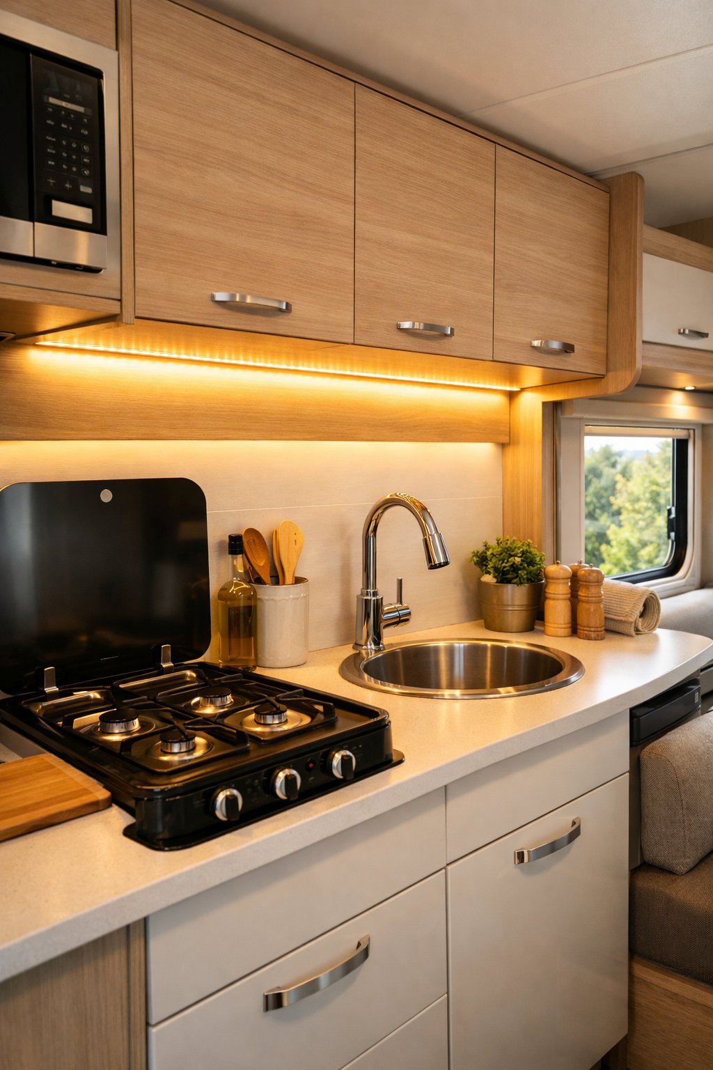 Interior of an RV kitchen with LED strip lights under the cabinets illuminating the countertop.