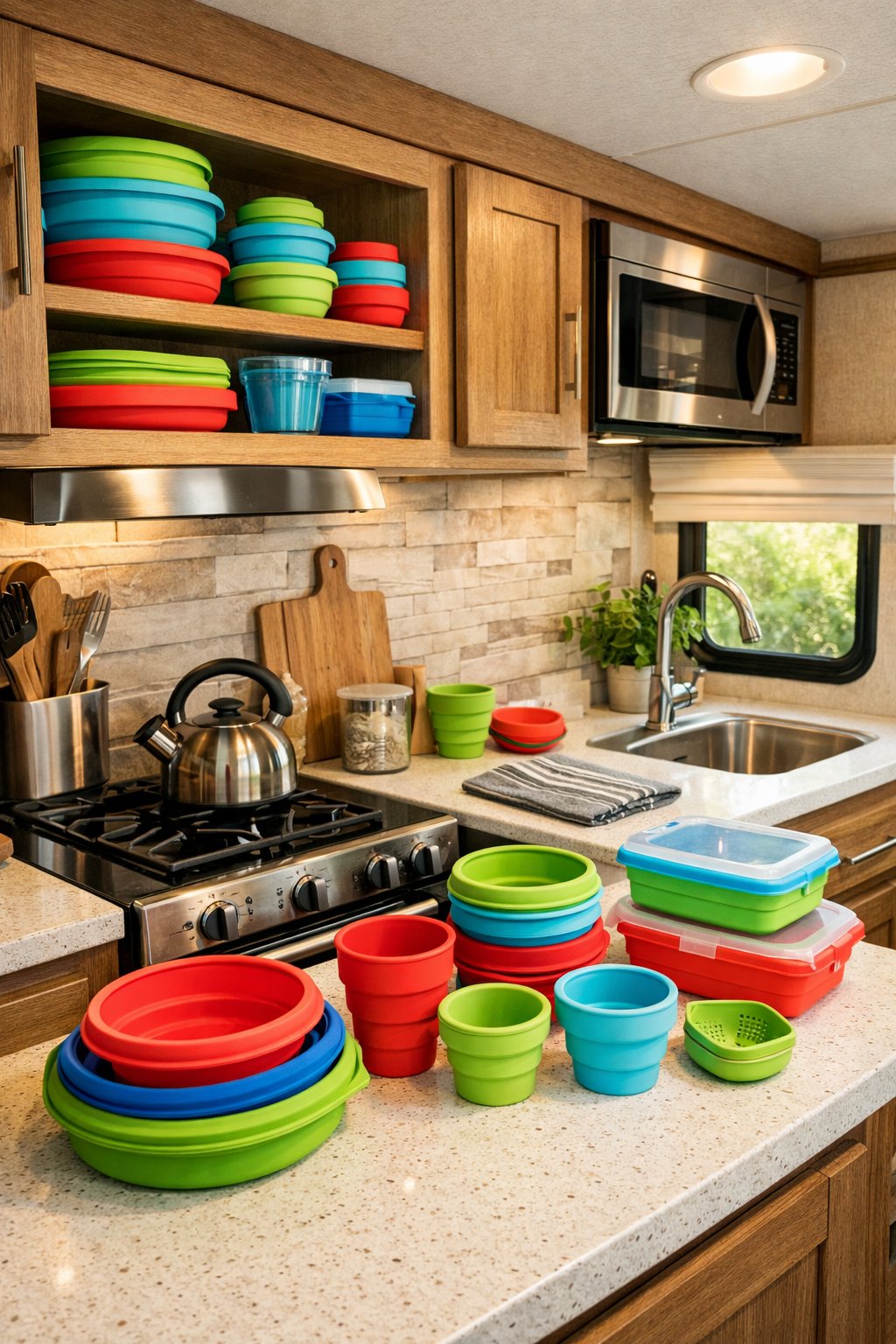 Interior of an RV kitchen with collapsible silicone dishware arranged on the countertop and shelves, featuring a small sink, cabinets, and natural light.