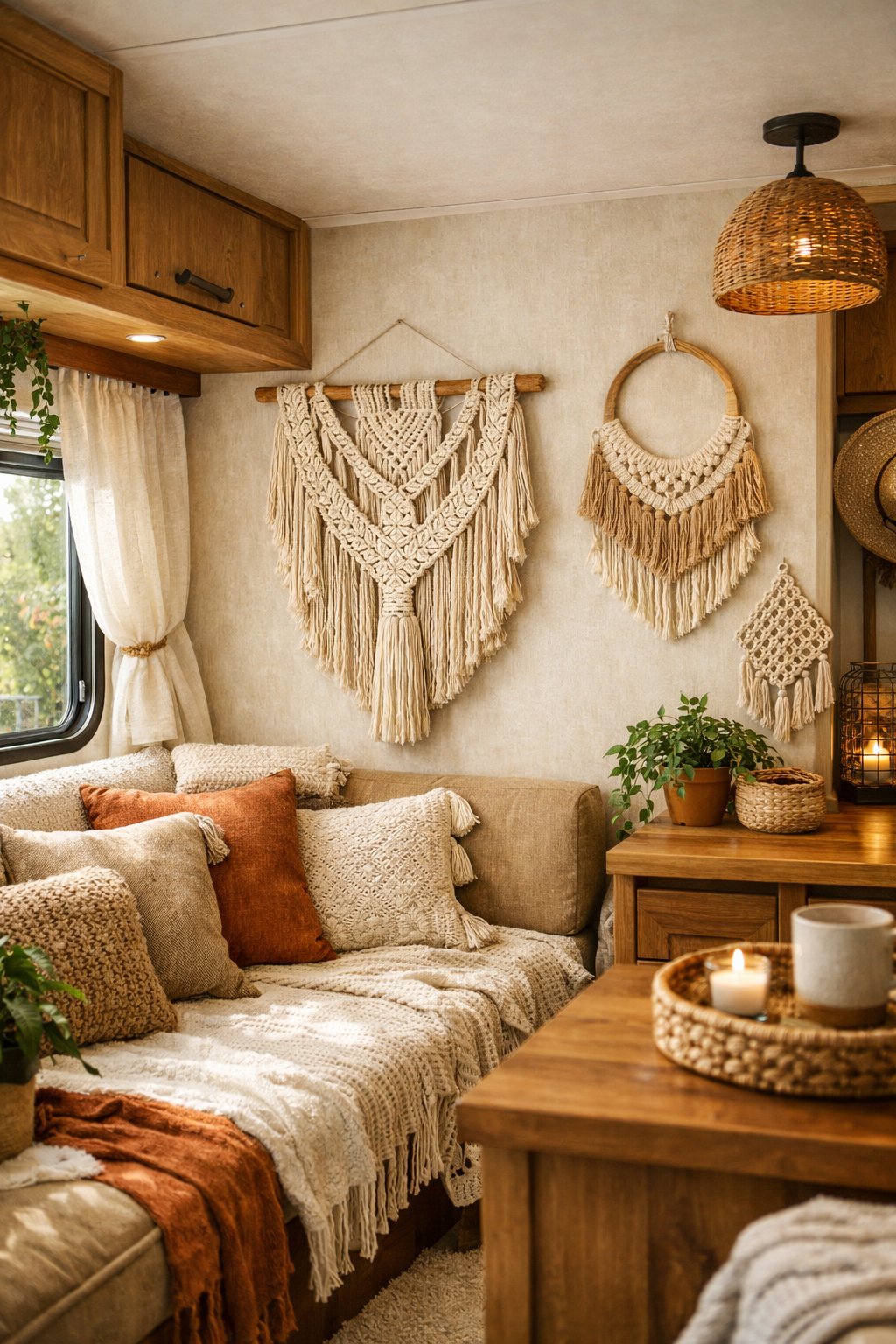 Cozy RV interior with macrame wall hangings, wooden accents, cushions, and plants creating a warm living space.