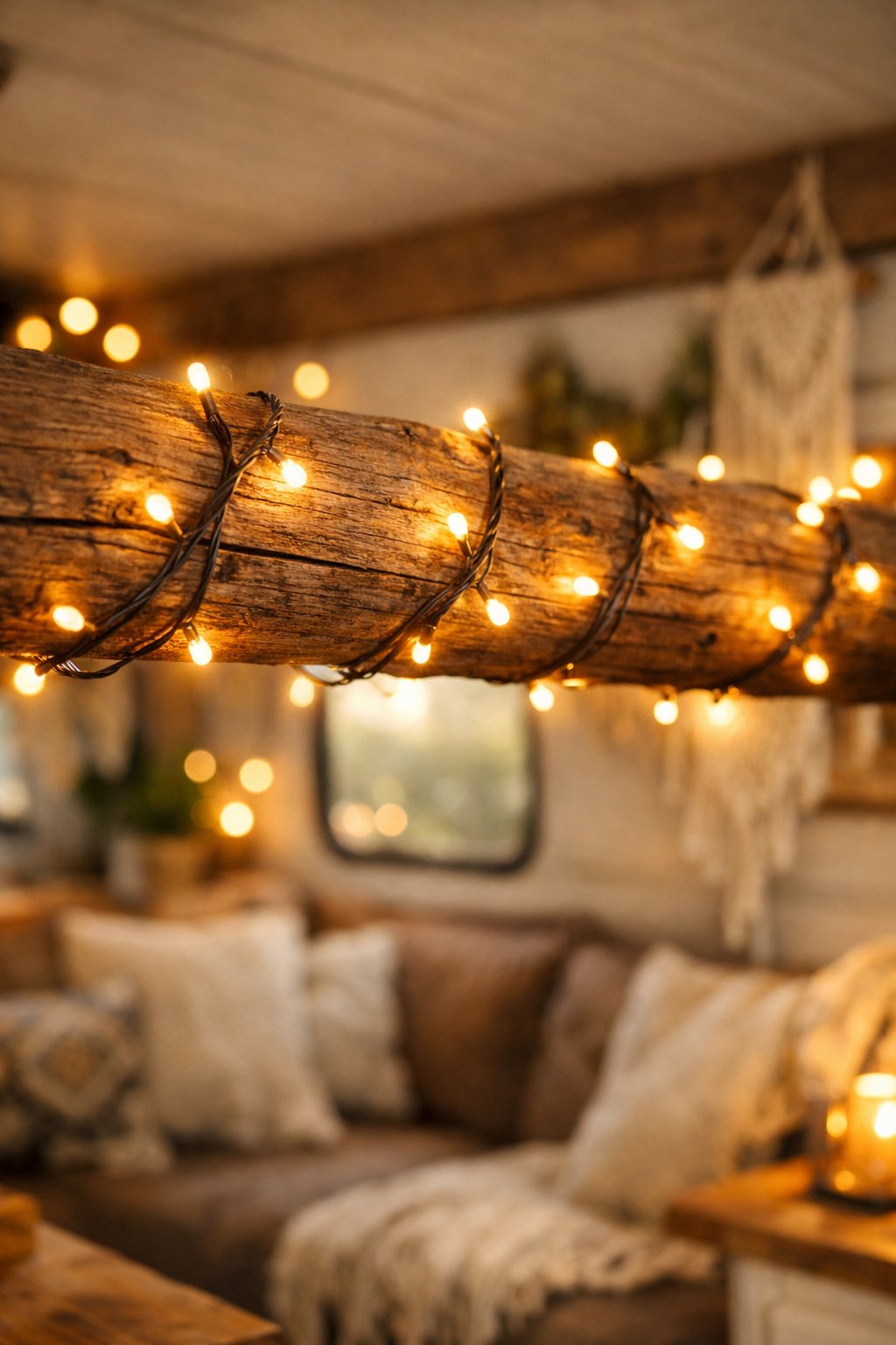 Close-up of warm string lights wrapped around a wooden beam inside an RV, with a cozy interior in the background.