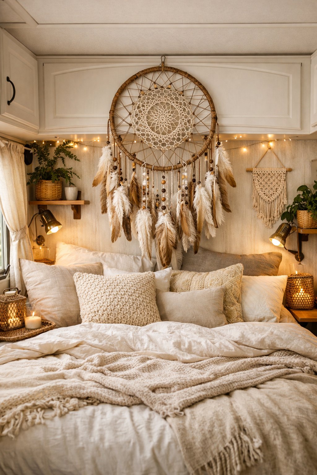 Interior of an RV bedroom with a bed and a large dreamcatcher hanging above it.