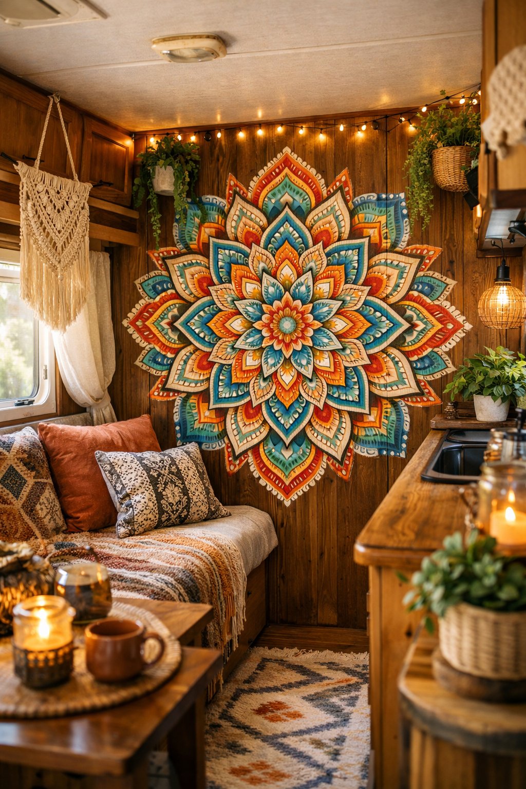 Interior of a cozy RV decorated with colorful hand-painted mandala art and bohemian-style furnishings.