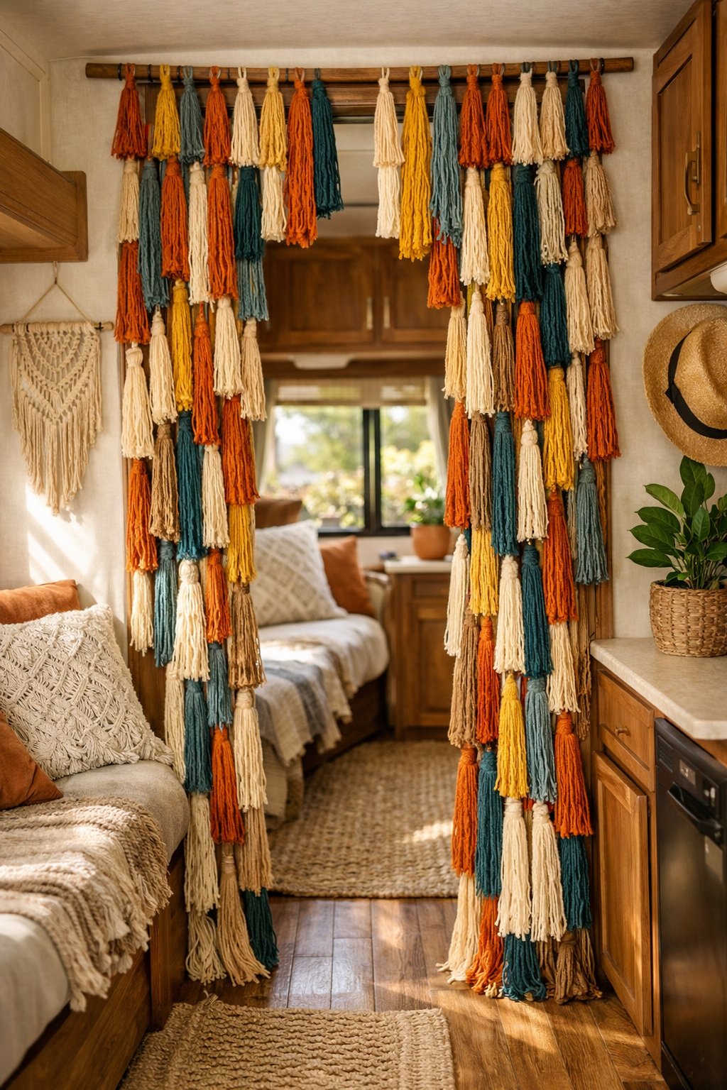 Interior of an RV with a doorway decorated by colorful tassel curtains and cozy furnishings inside.