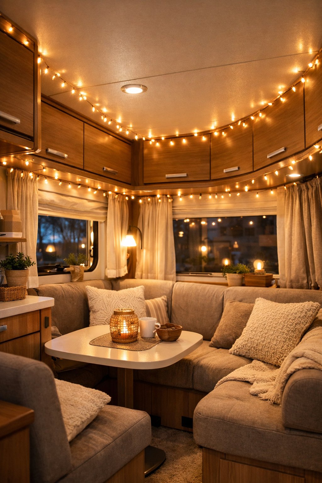 Interior of an RV with warm fairy lights hung along the ceiling edges, creating a cozy and inviting atmosphere.