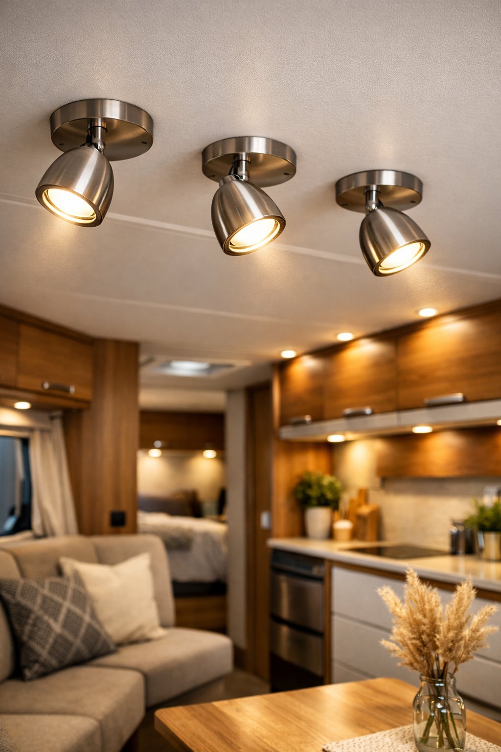 Interior of an RV with bright adjustable dome spotlights illuminating a cozy living area with seating and wood finishes.