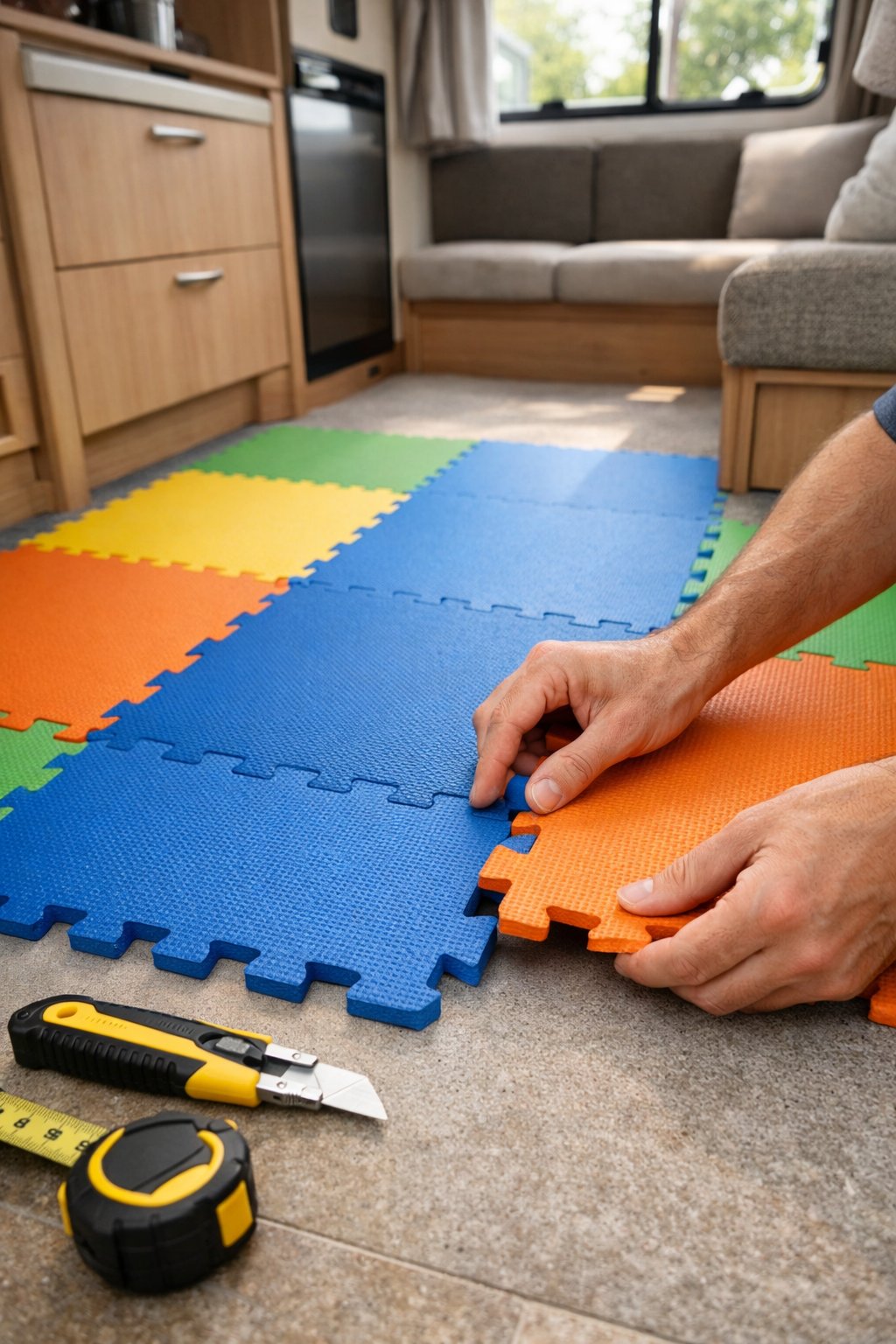 Hands assembling colorful interlocking foam floor tiles on the floor inside an RV with cabinets and seats visible.