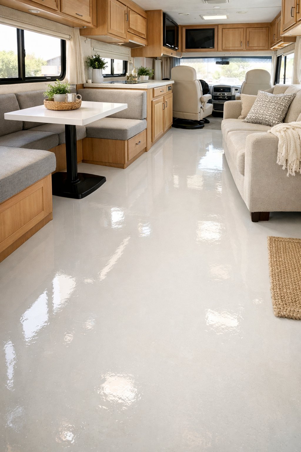Interior of an RV with a newly coated, glossy floor and modern furniture, bathed in natural light.