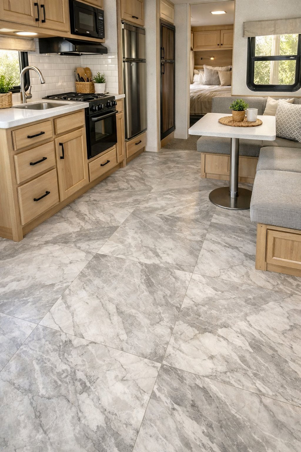 Interior of an RV with a newly renovated floor featuring a wood or stone pattern, showing a kitchen and dining area bathed in natural light.