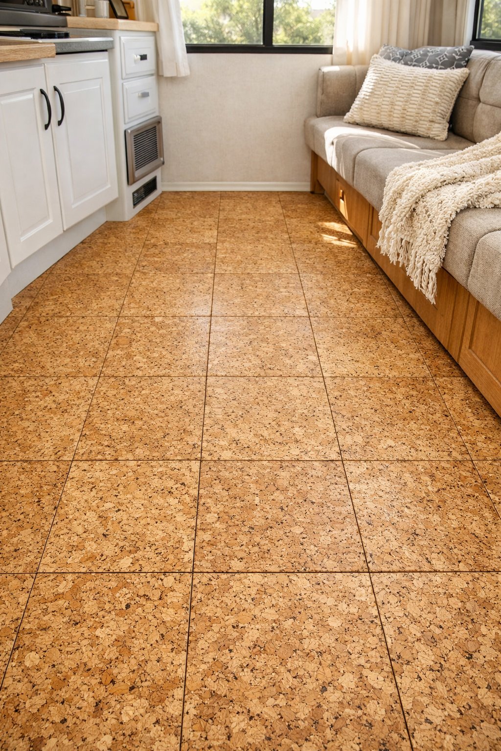 Interior of an RV with newly installed self-adhesive cork floor tiles and cozy furnishings.