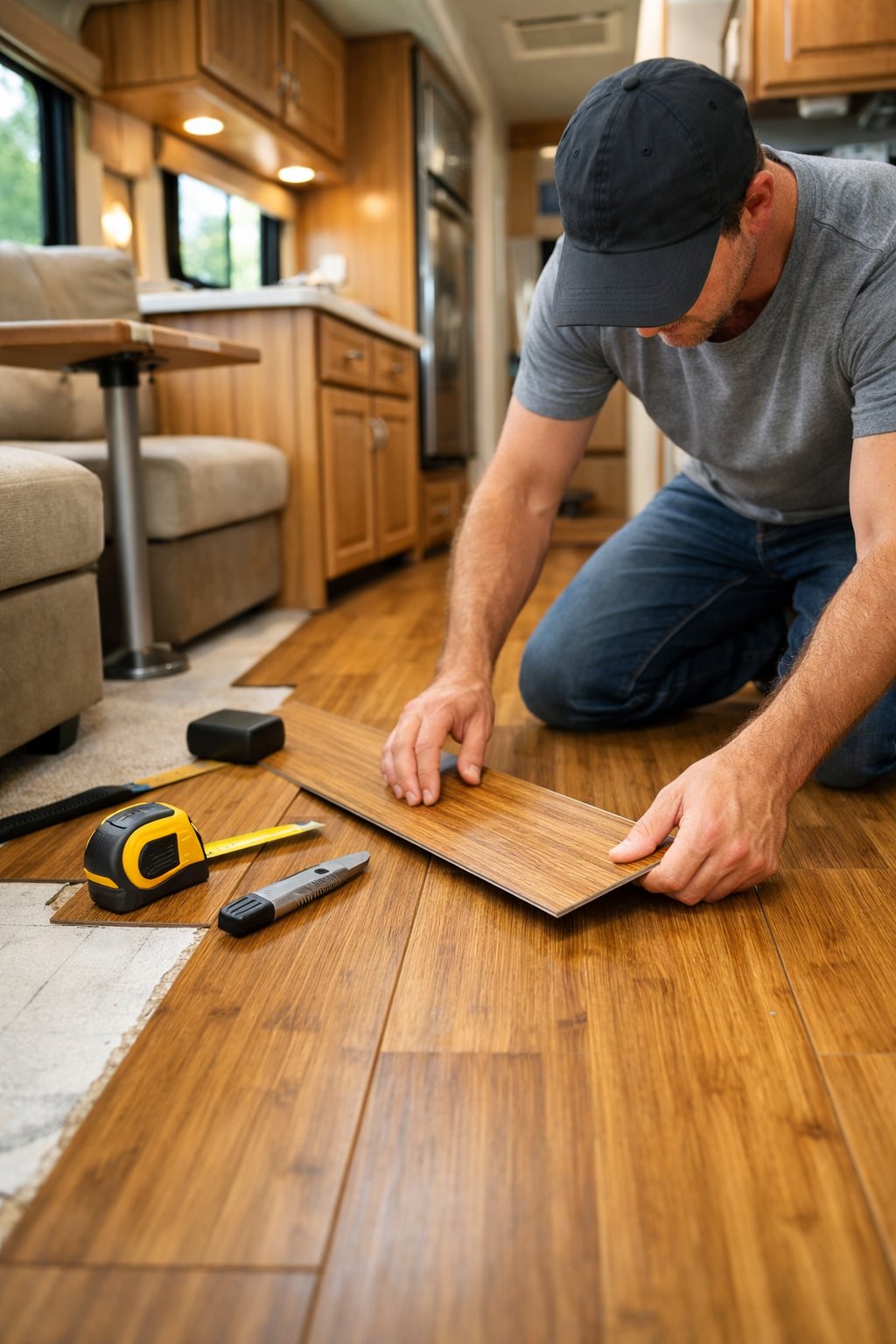 Person installing bamboo vinyl flooring inside an RV interior.