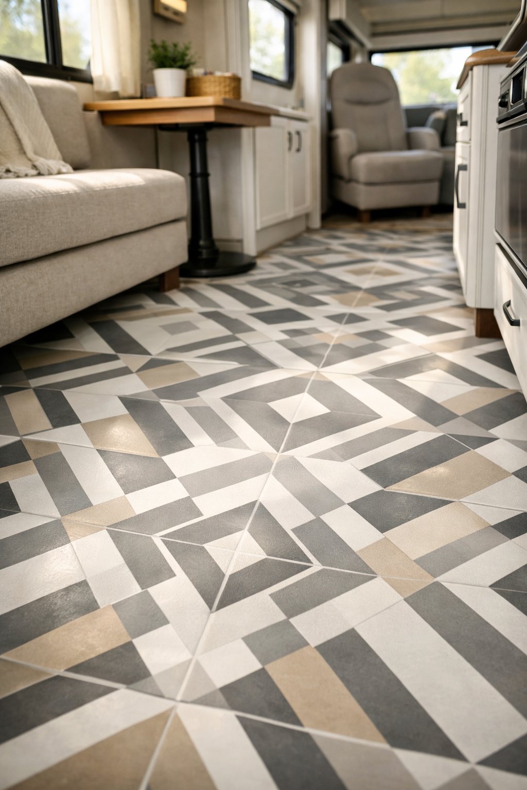 Interior of an RV with a geometric patterned floor and natural light coming through the windows.