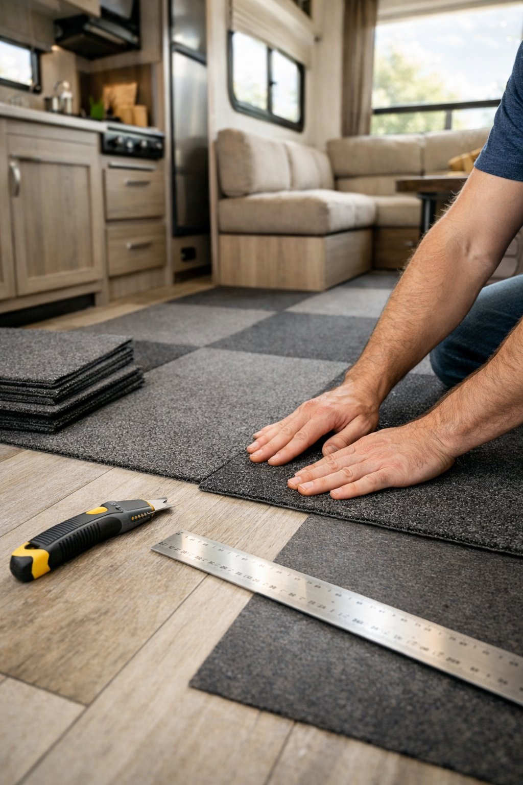 Person installing peel-and-stick carpet tiles on the floor inside an RV, with tools and tiles visible nearby.