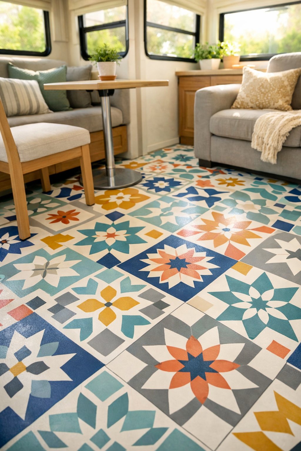Interior of an RV showing a freshly painted faux tile floor with a geometric pattern and part of the living area with furniture and natural light.
