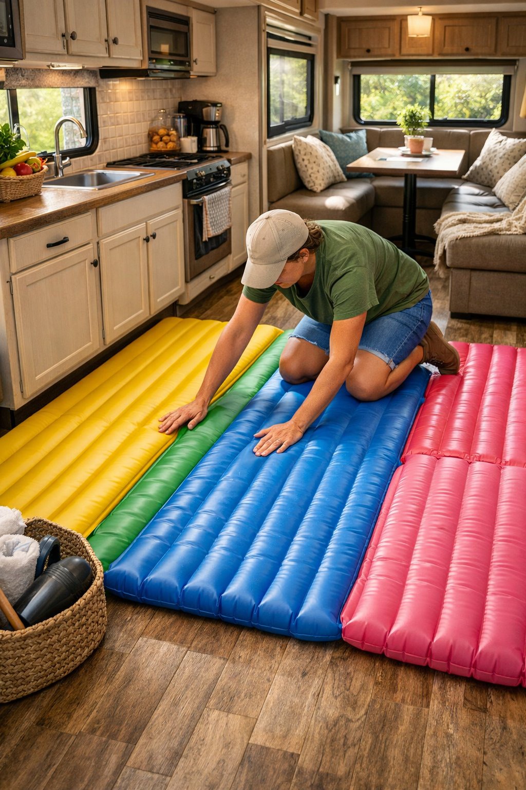 Person installing colorful inflatable floor mats inside a bright and tidy RV interior.