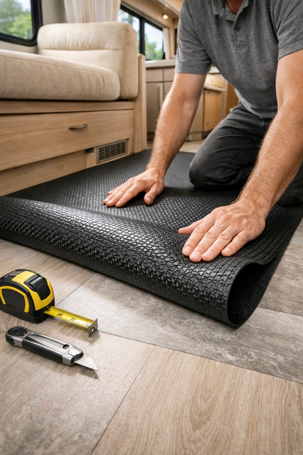 A person installing a black rubber floor mat inside an RV with tools nearby and natural light coming through the windows.